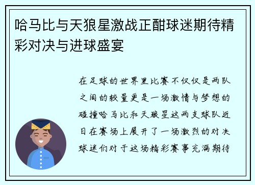 哈马比与天狼星激战正酣球迷期待精彩对决与进球盛宴
